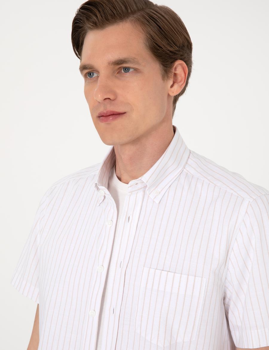 Bej Regular Fit Çizgili Kısa Kollu Gömlek