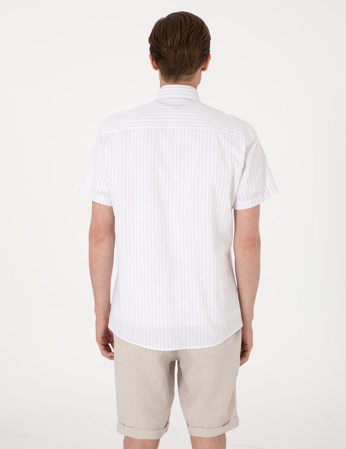 Bej Regular Fit Çizgili Kısa Kollu Gömlek - 50307082001