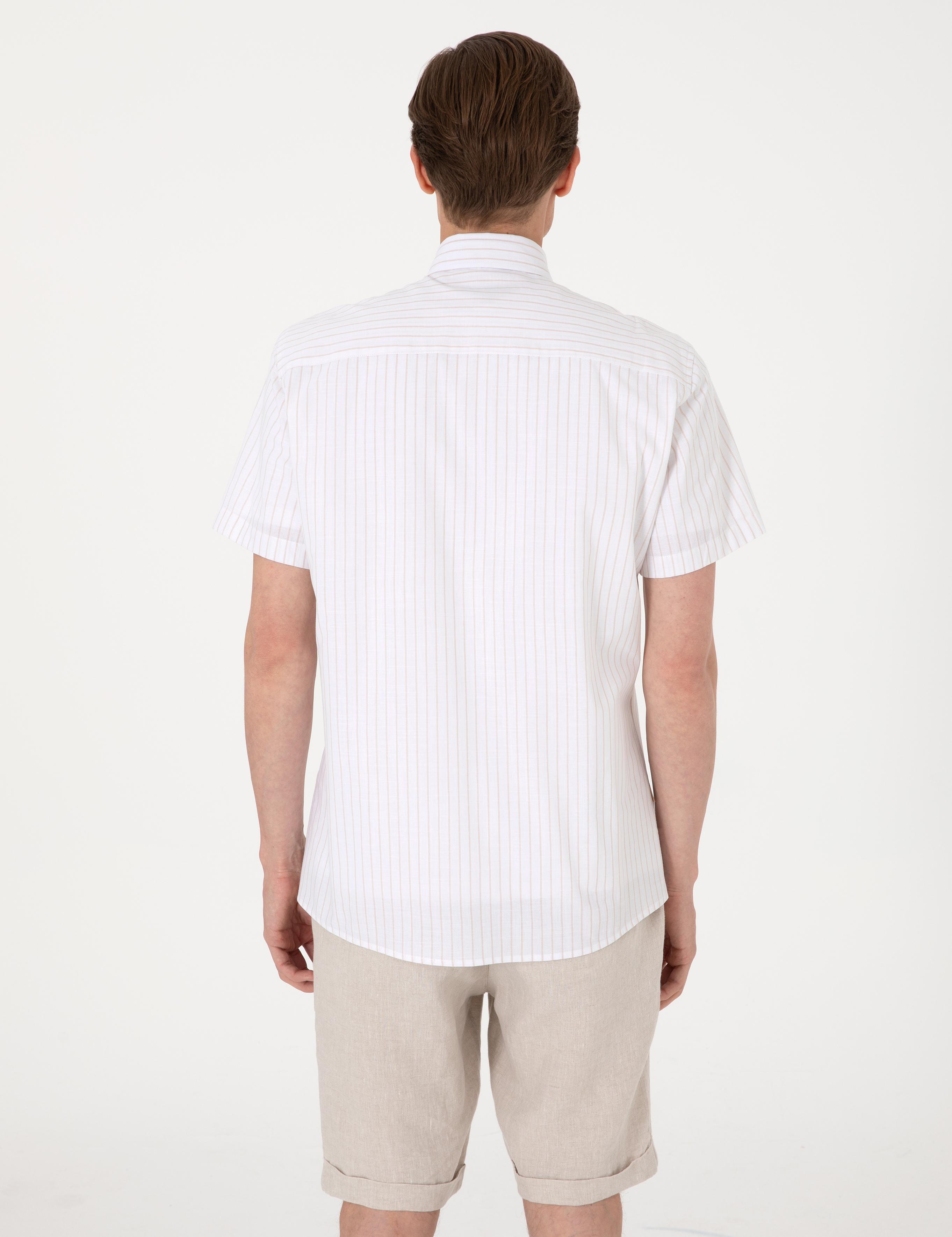 Bej Regular Fit Çizgili Kısa Kollu Gömlek