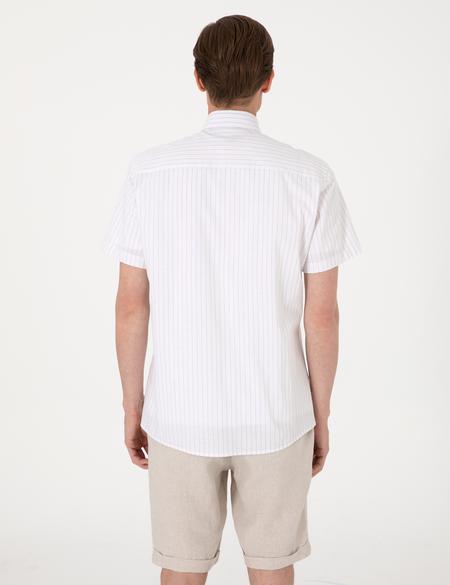 Bej Regular Fit Çizgili Kısa Kollu Gömlek - 50307082001