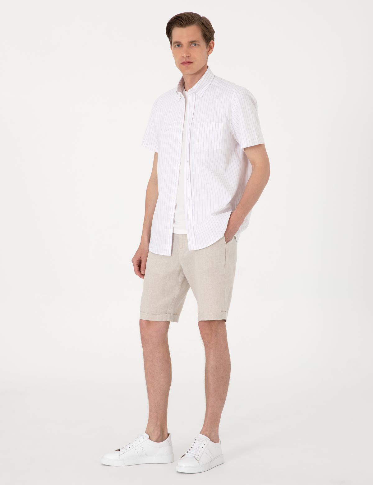 Bej Regular Fit Çizgili Kısa Kollu Gömlek - 50307082001