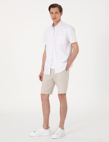Bej Regular Fit Çizgili Kısa Kollu Gömlek - 50307082001