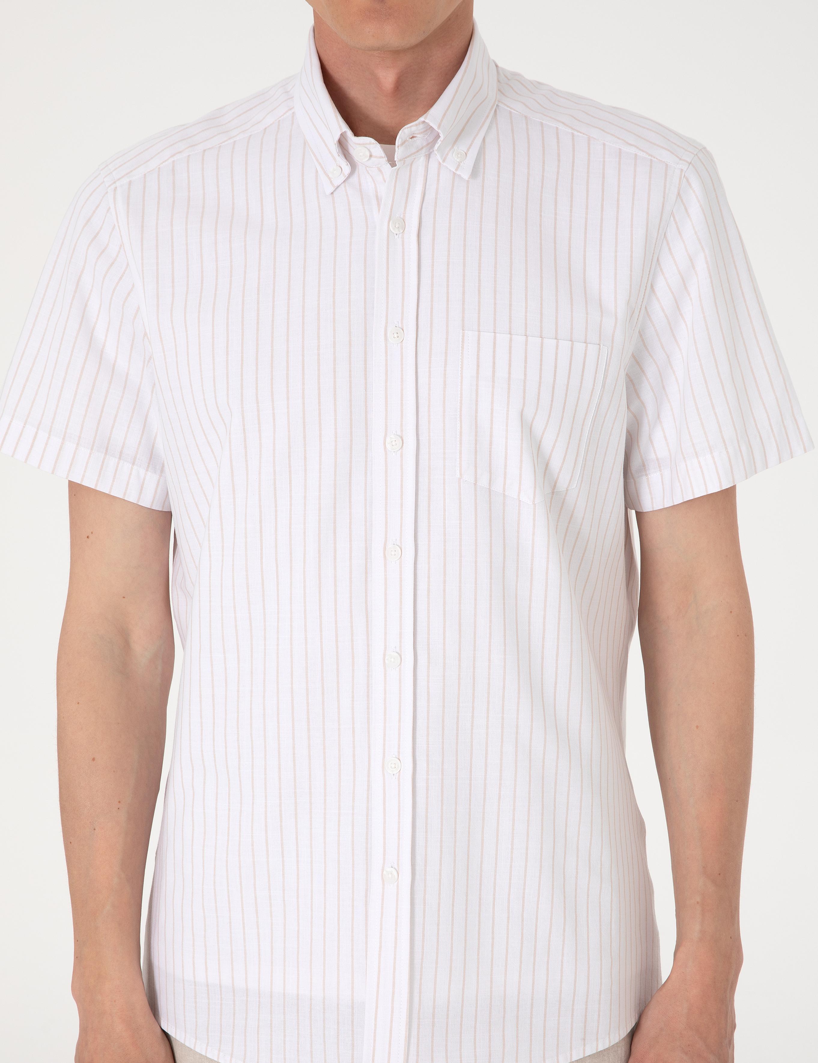 Bej Regular Fit Çizgili Kısa Kollu Gömlek