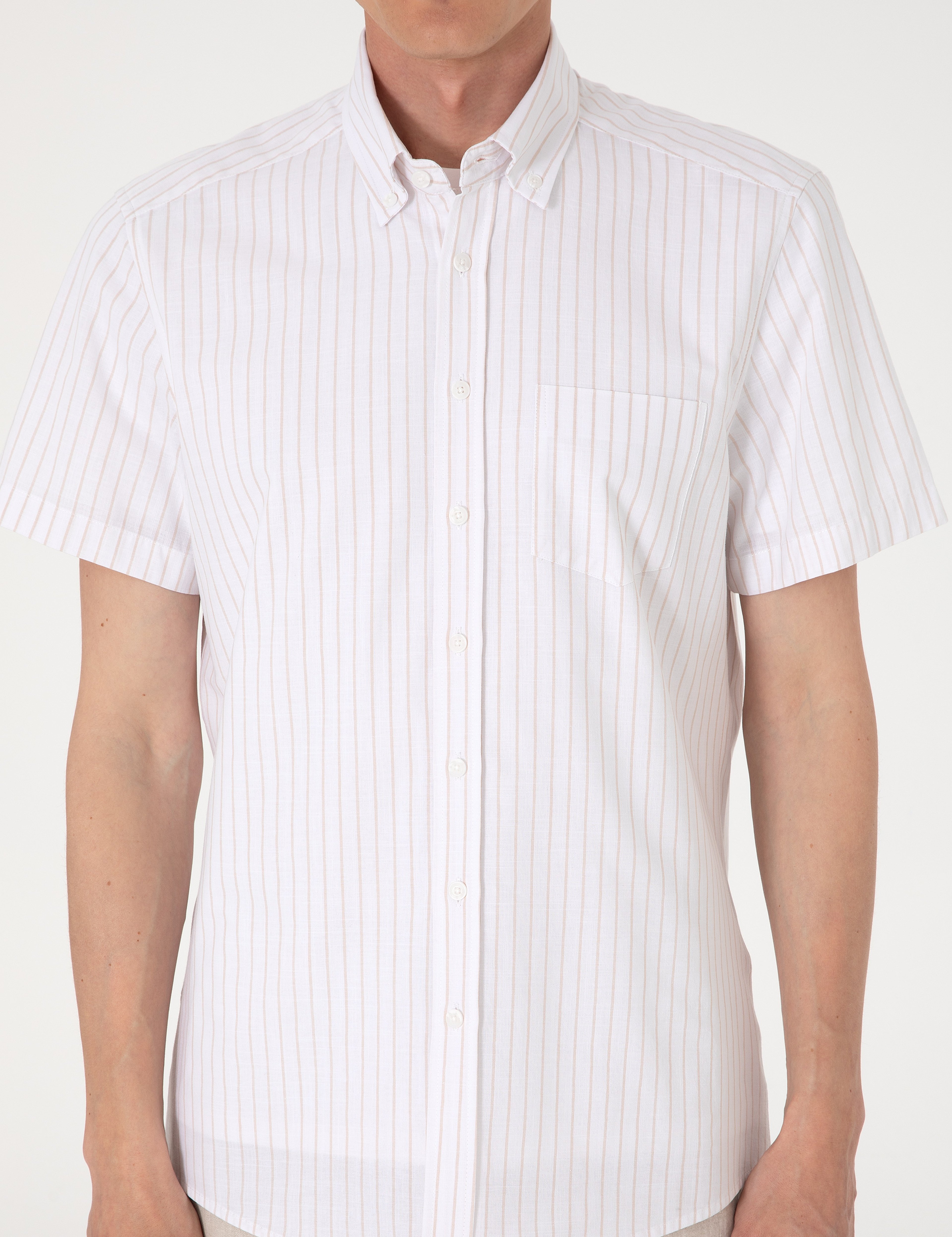 Bej Regular Fit Çizgili Kısa Kollu Gömlek - Image 6