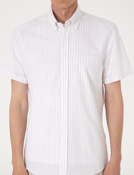 Bej Regular Fit Çizgili Kısa Kollu Gömlek - 50307082001