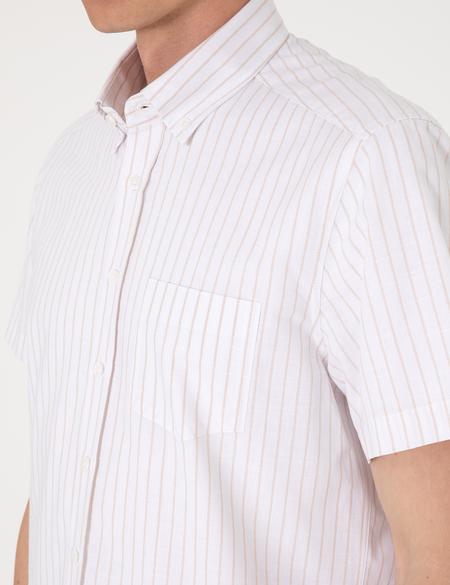 Bej Regular Fit Çizgili Kısa Kollu Gömlek - 50307082001