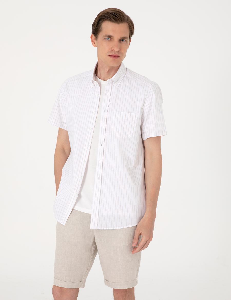 Bej Regular Fit Çizgili Kısa Kollu Gömlek