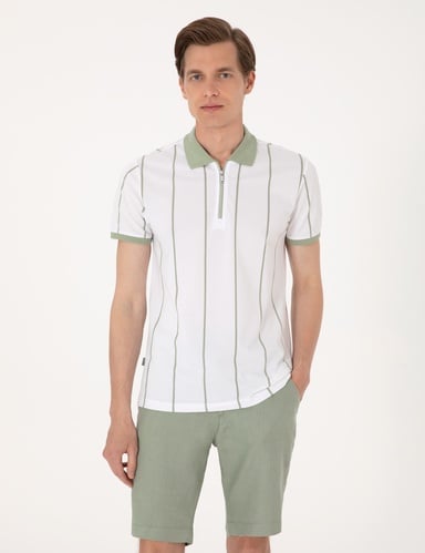 Çağla Yeşili Çizgi Detaylı Slim Fit %100 Pamuk Fermuarlı Polo Yaka Tişört
