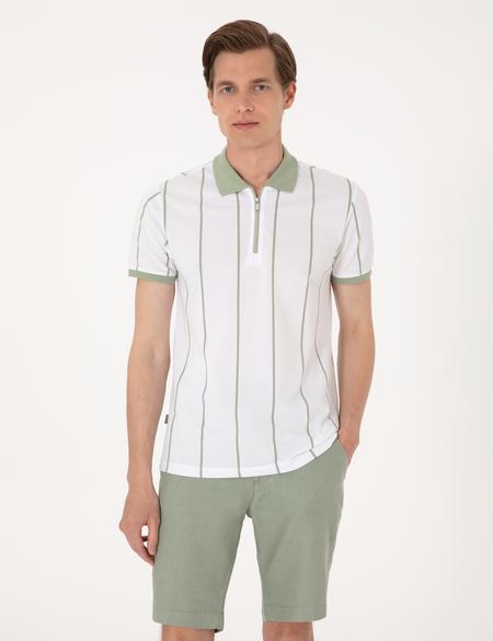 Çağla Yeşili Çizgi Detaylı Slim Fit Polo Yaka Tişört - 50307519010