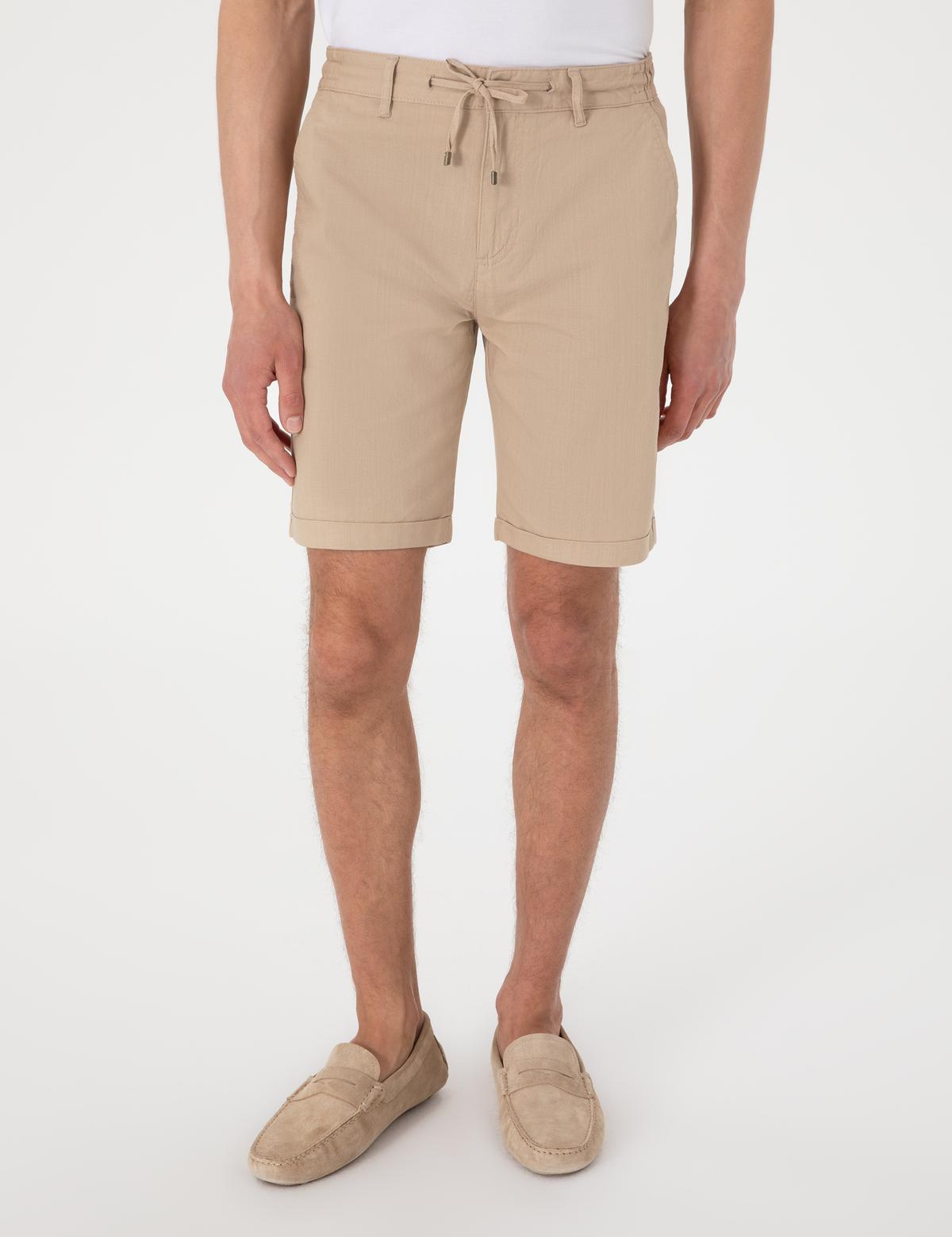 Bej Slim Fit Beli Lastikli Bağcıklı Dokuma Şort - 50308148024