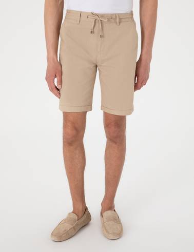 Bej Slim Fit Beli Lastikli Bağcıklı Dokuma Şort