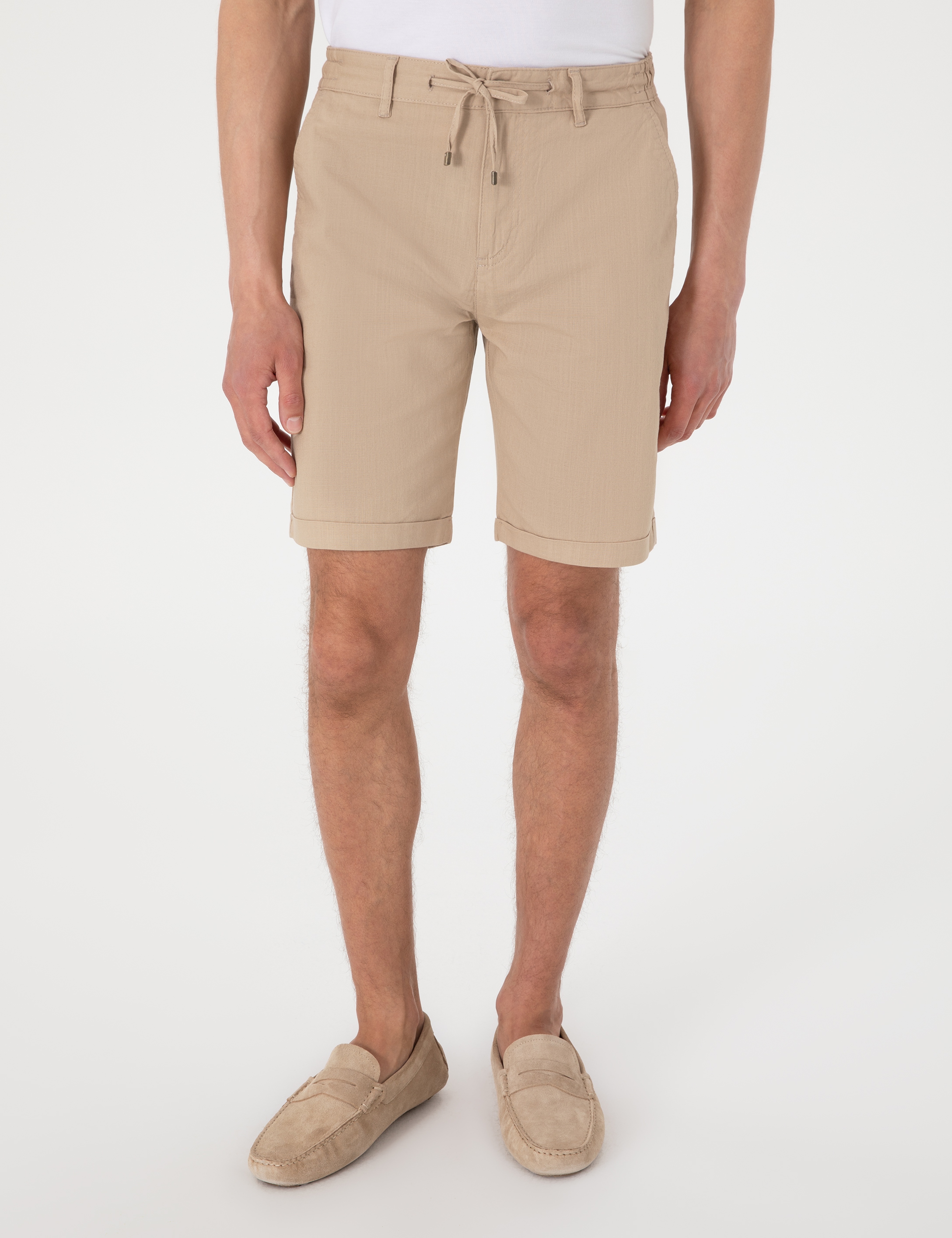 Bej Slim Fit Beli Lastikli Bağcıklı Dokuma Şort