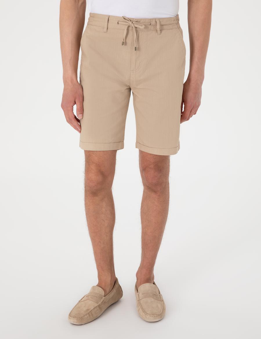 Bej Slim Fit Beli Lastikli Bağcıklı Dokuma Şort