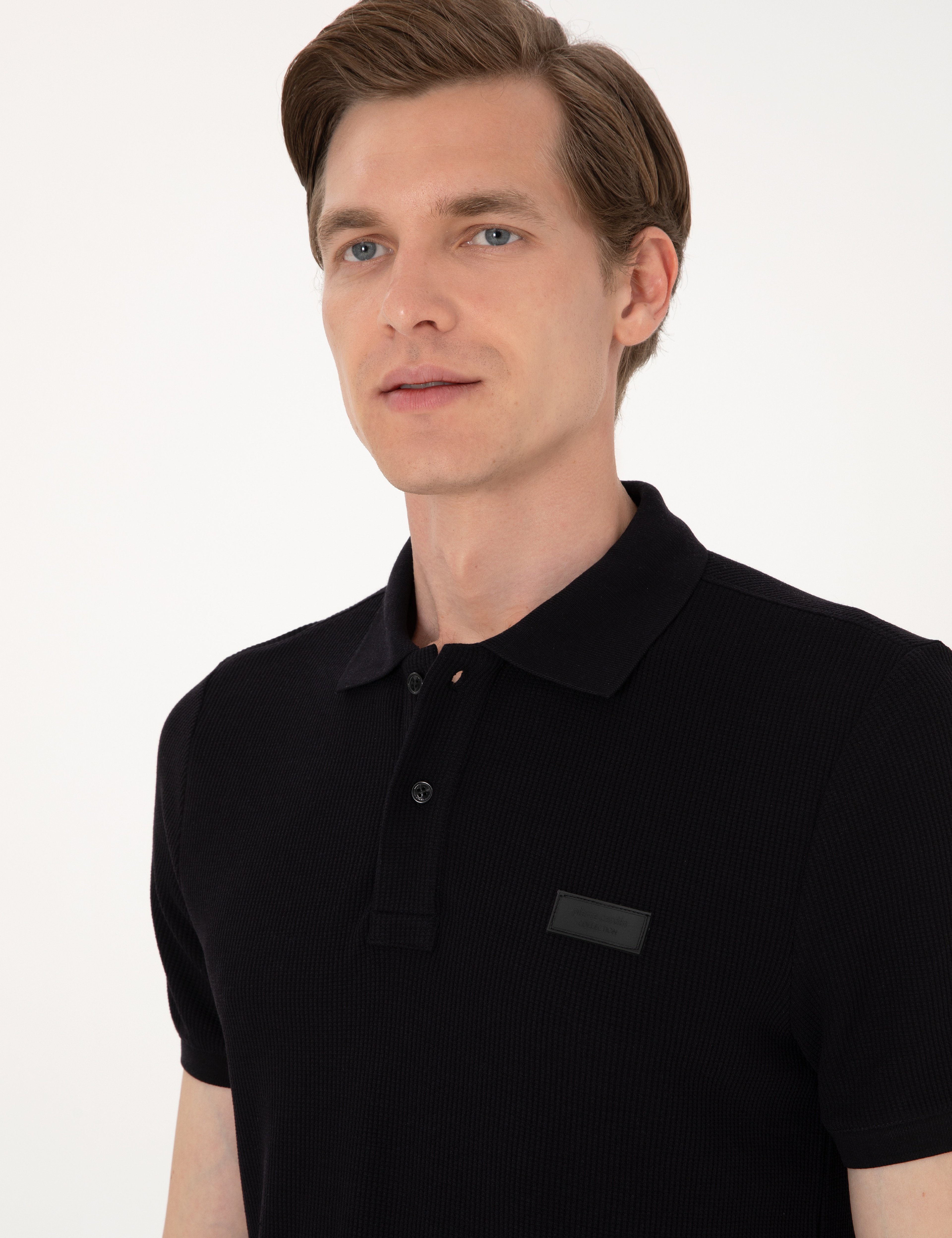 Siyah Slim Fit Örme Dokulu Polo Yaka Tişört - Image 2