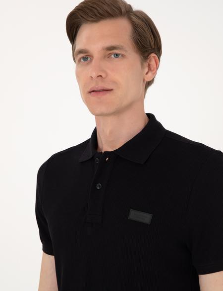 Siyah Slim Fit Örme Dokulu Polo Yaka Tişört - 50309959011
