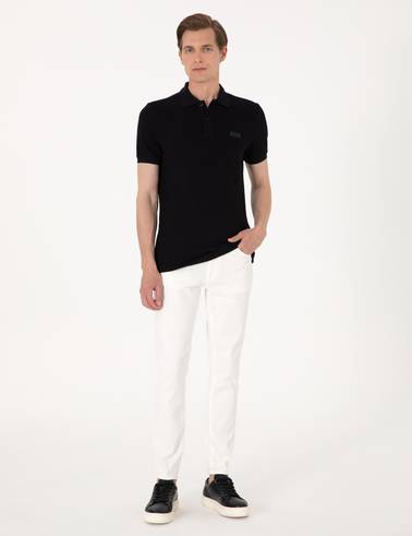 Siyah Slim Fit Örme Dokulu Polo Yaka Tişört