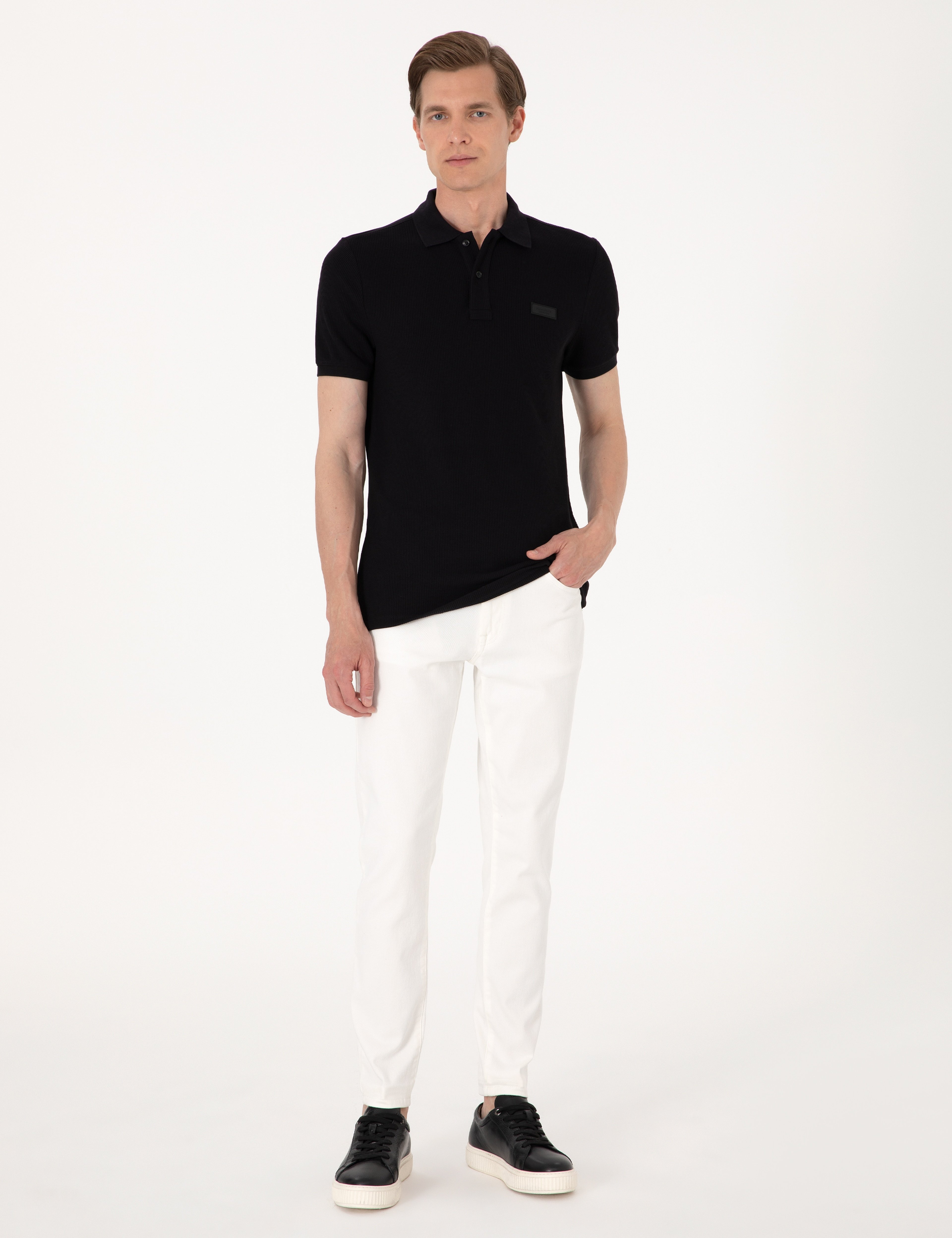 Siyah Slim Fit Örme Dokulu Polo Yaka Tişört - Image 4