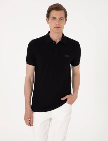Siyah Slim Fit Örme Dokulu Polo Yaka Tişört