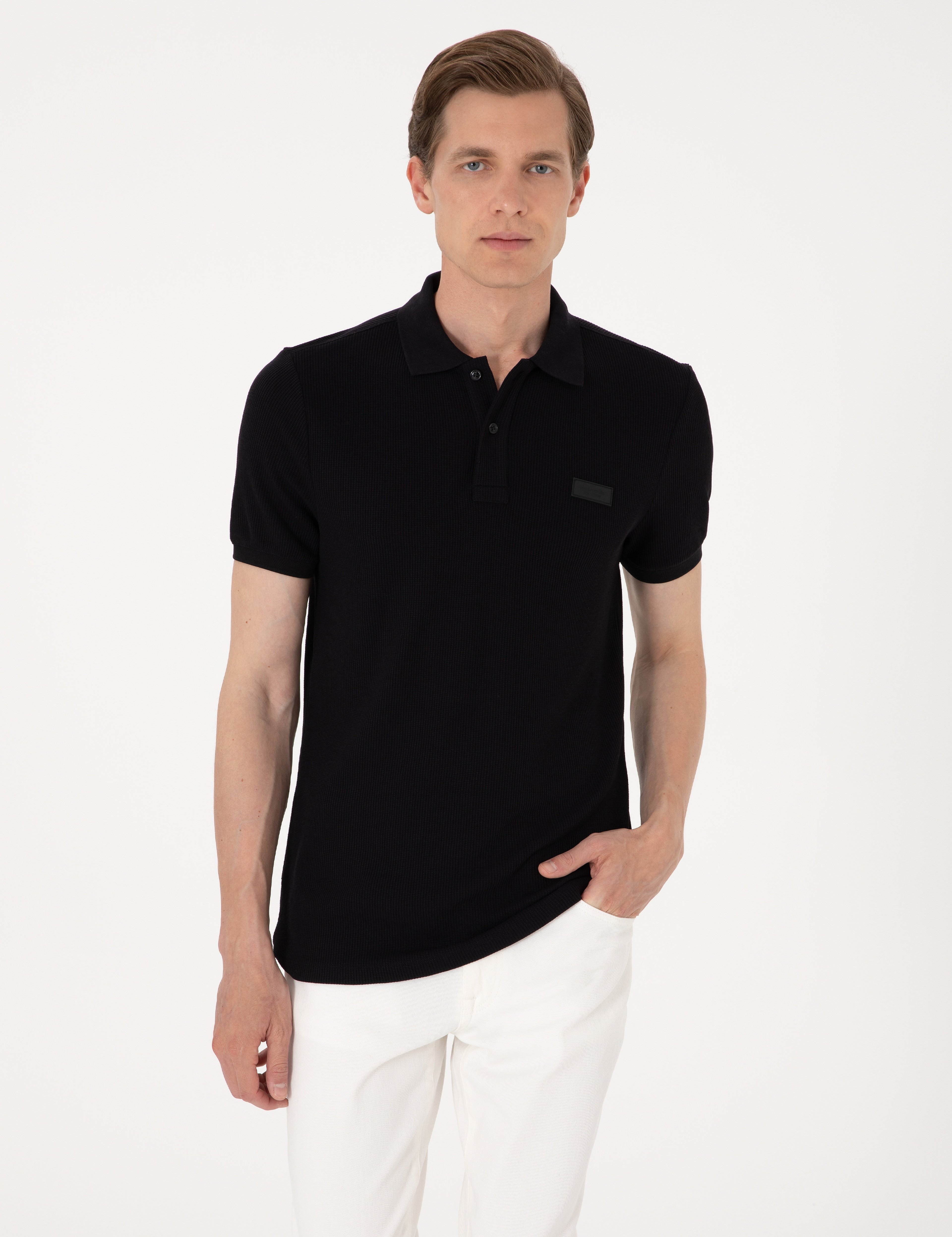 Siyah Slim Fit Örme Dokulu Polo Yaka Tişört - Image 1
