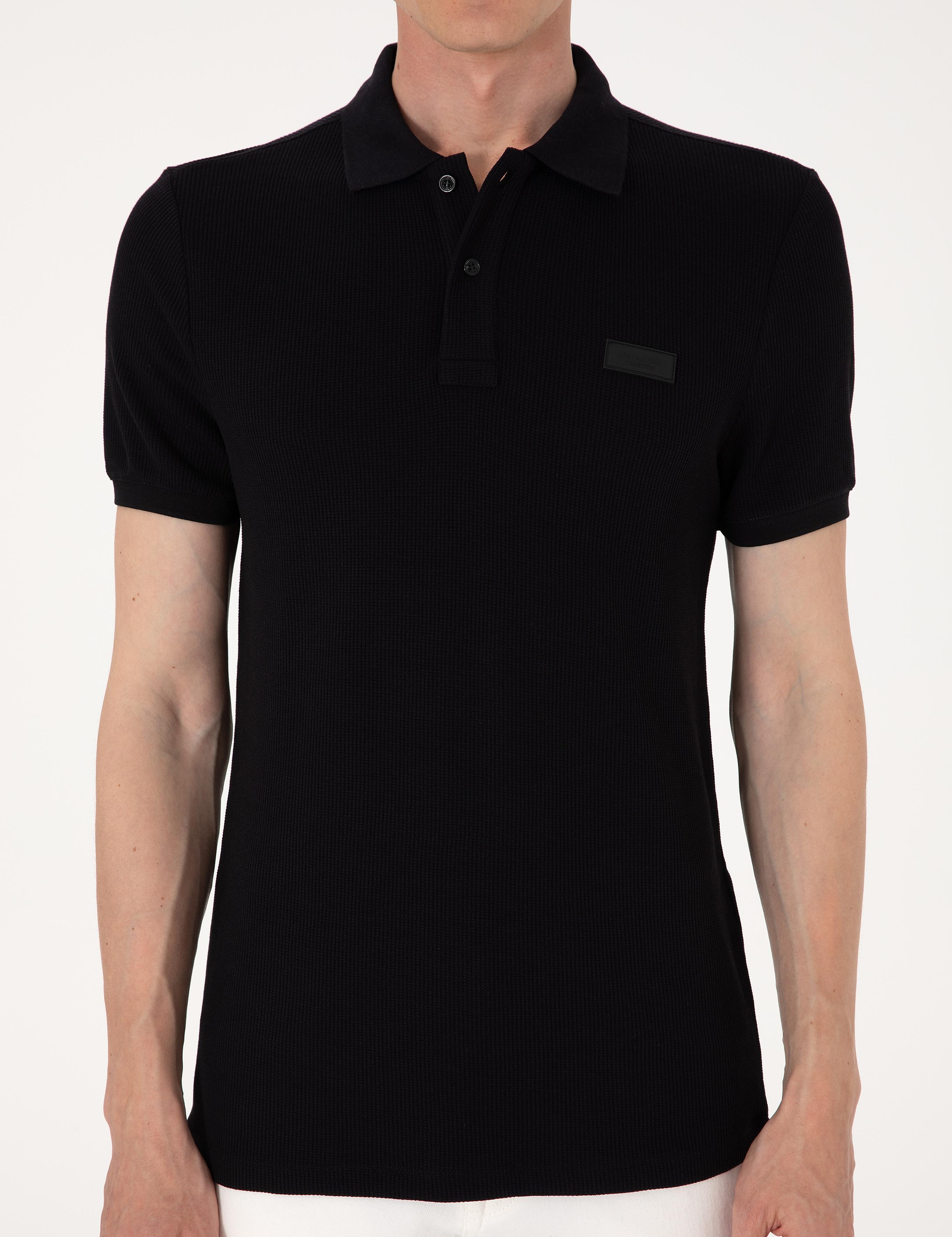 Siyah Slim Fit Örme Dokulu Polo Yaka Tişört