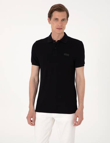 Siyah Slim Fit Örme Dokulu Polo Yaka Tişört