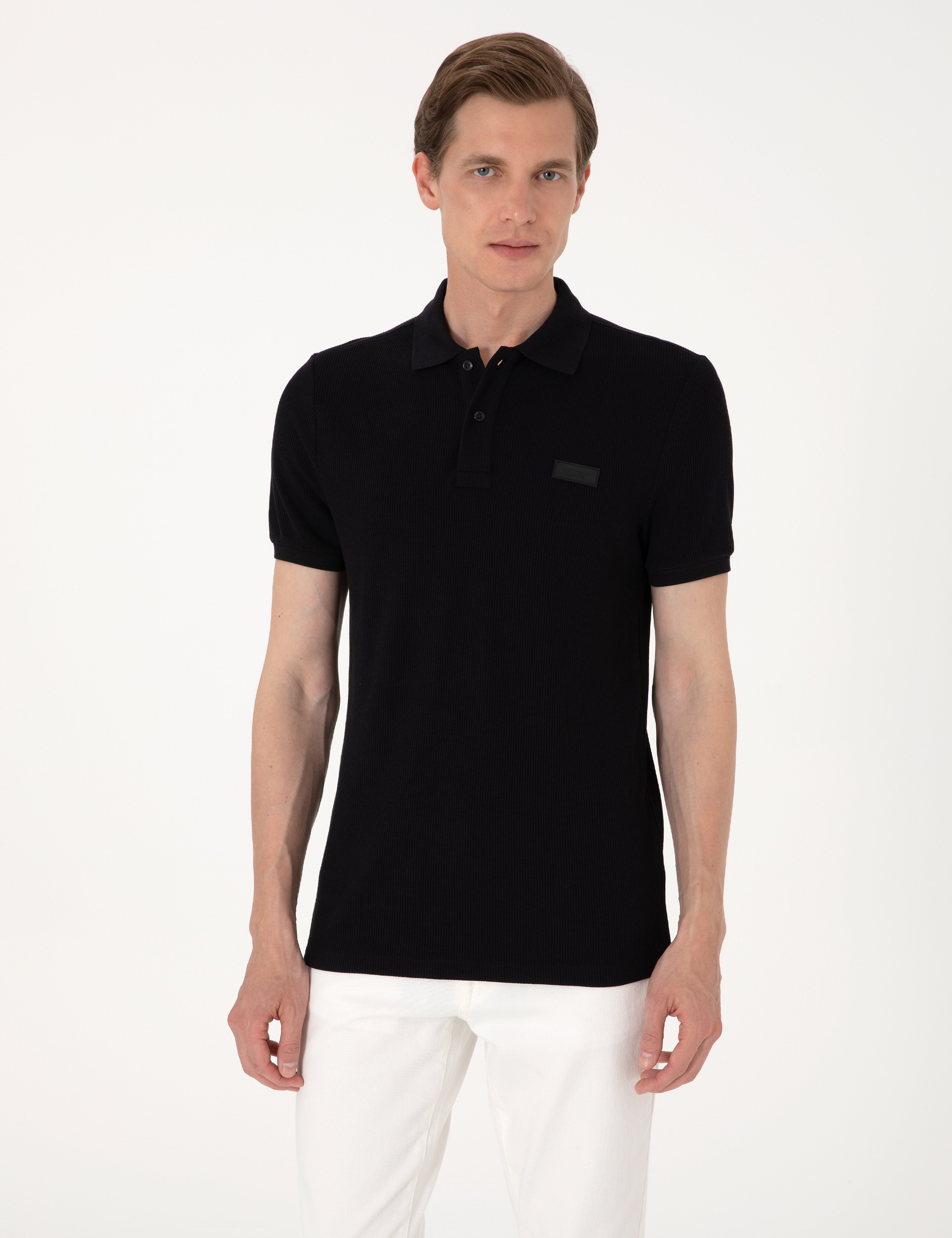 Siyah Slim Fit Örme Dokulu Polo Yaka Tişört