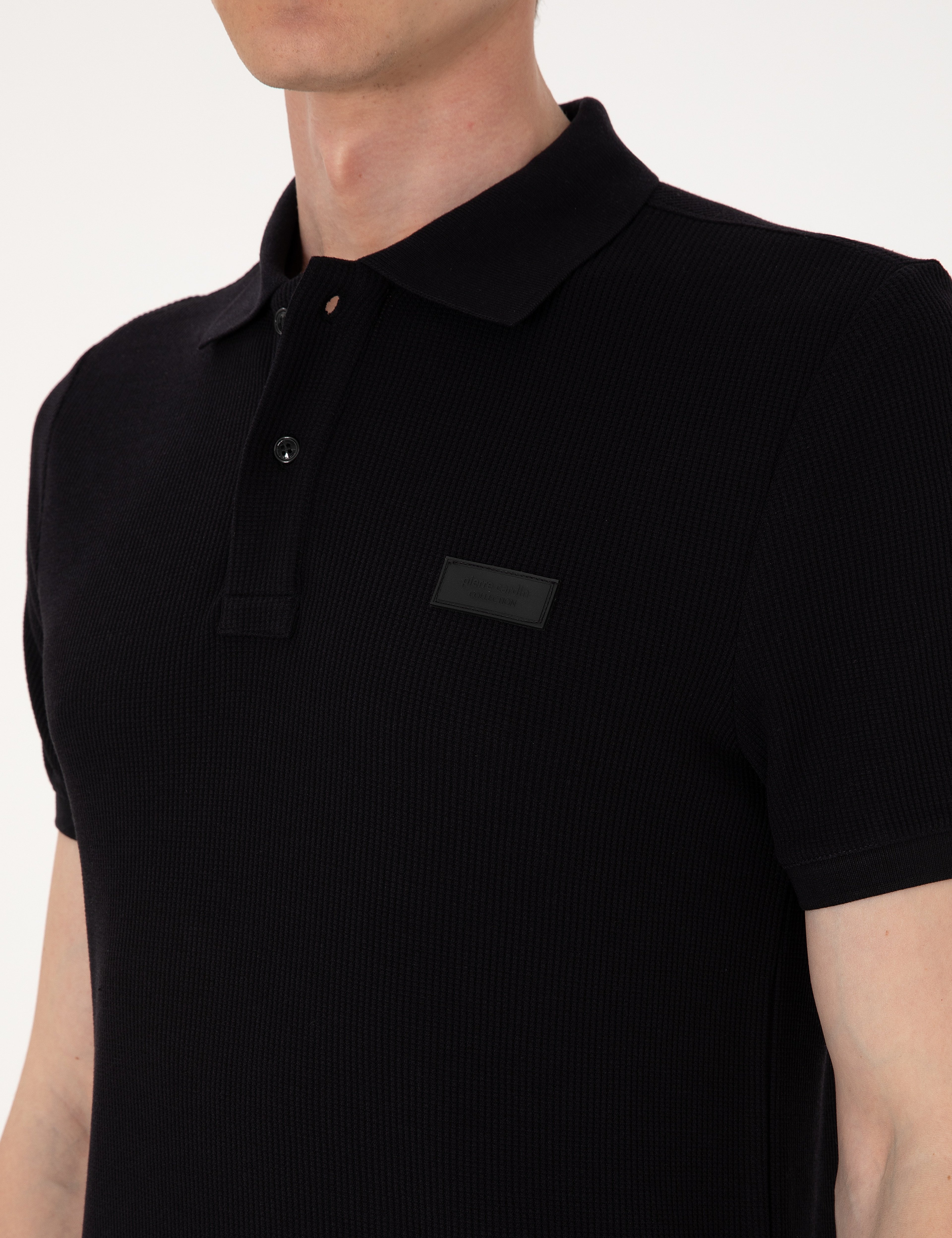 Siyah Slim Fit Örme Dokulu Polo Yaka Tişört