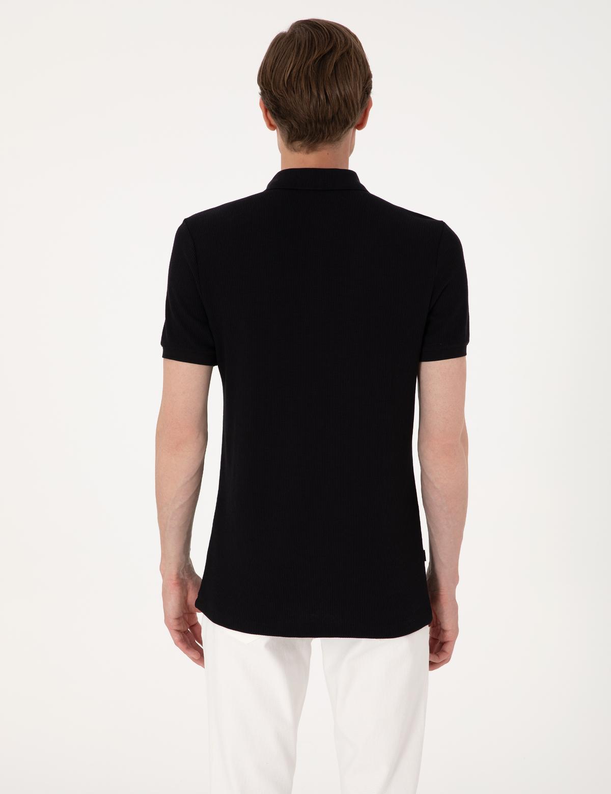 Siyah Slim Fit Örme Dokulu Polo Yaka Tişört - 50309959011