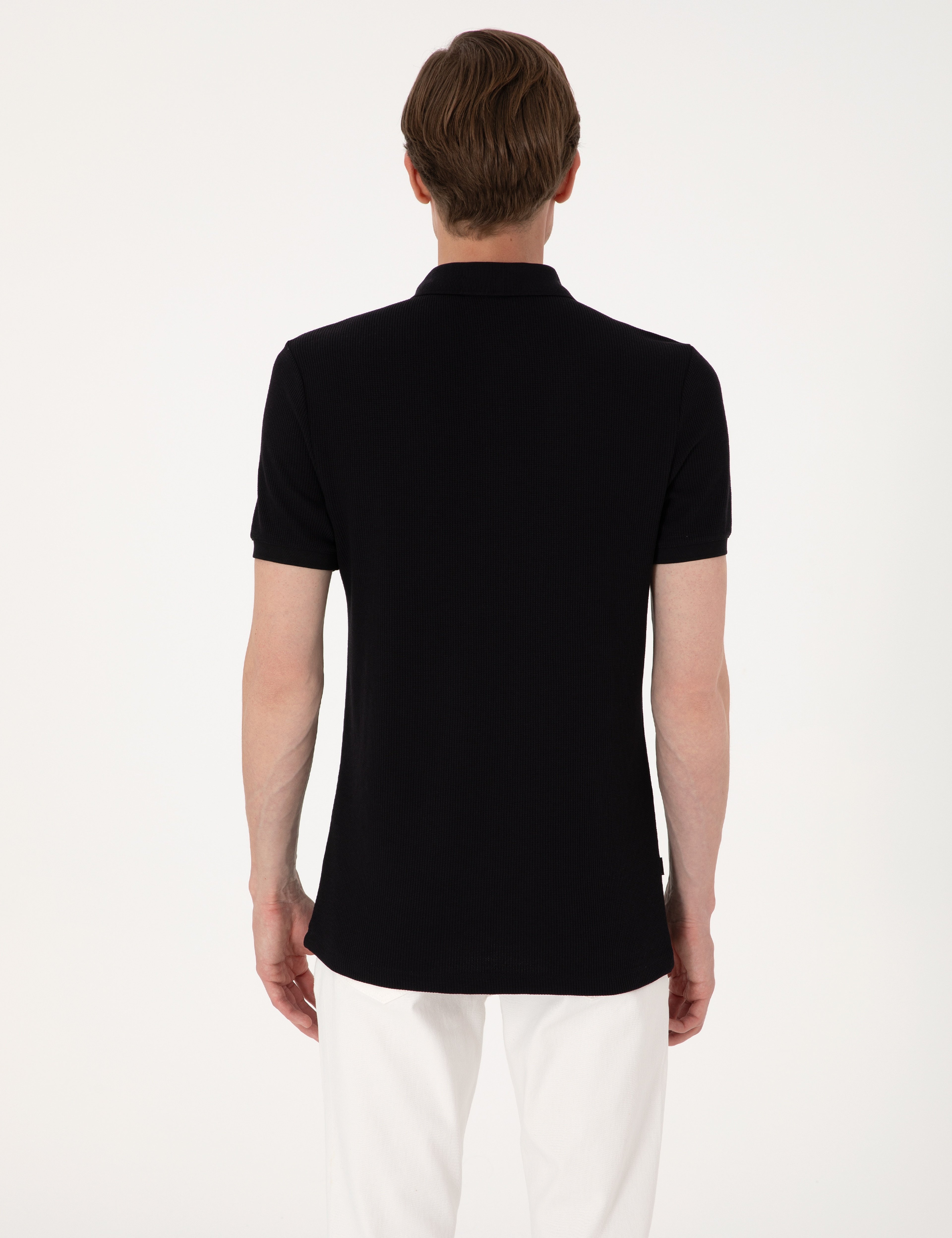 Siyah Slim Fit Örme Dokulu Polo Yaka Tişört