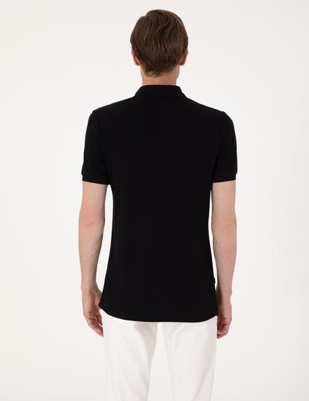 Siyah Slim Fit Örme Dokulu Polo Yaka Tişört - 50309959011