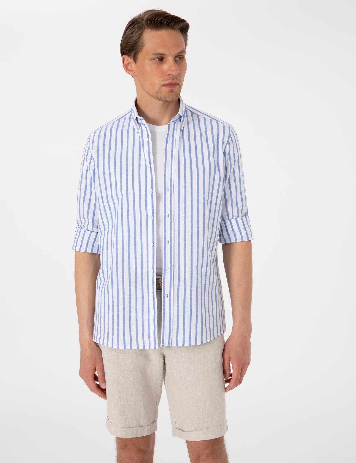 Lacivert Regular Fit Çizgili Uzun Kollu Gömlek