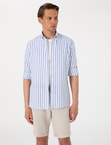 Lacivert Regular Fit Çizgili Uzun Kollu Gömlek - 50307093014