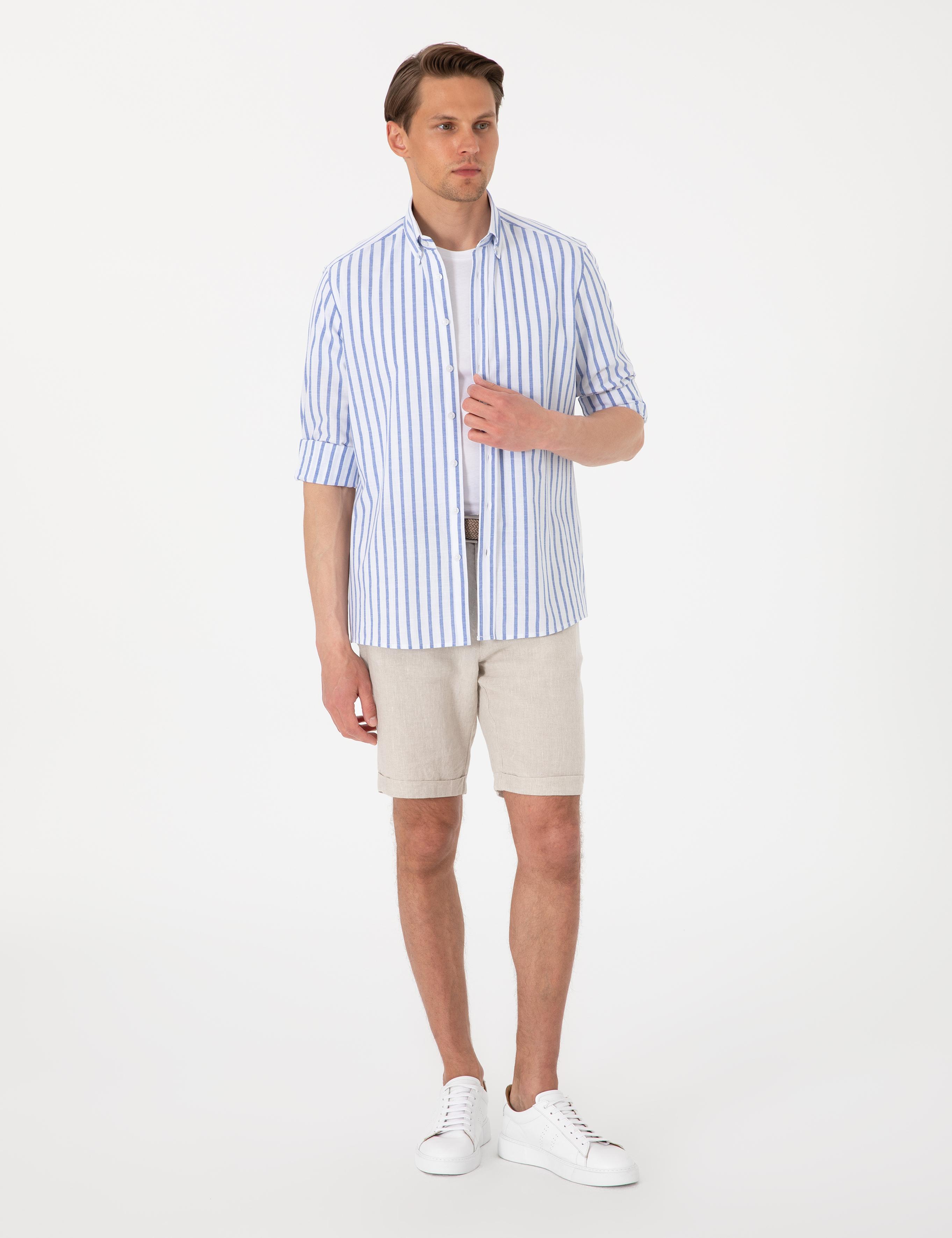 Lacivert Regular Fit Çizgili Uzun Kollu Gömlek