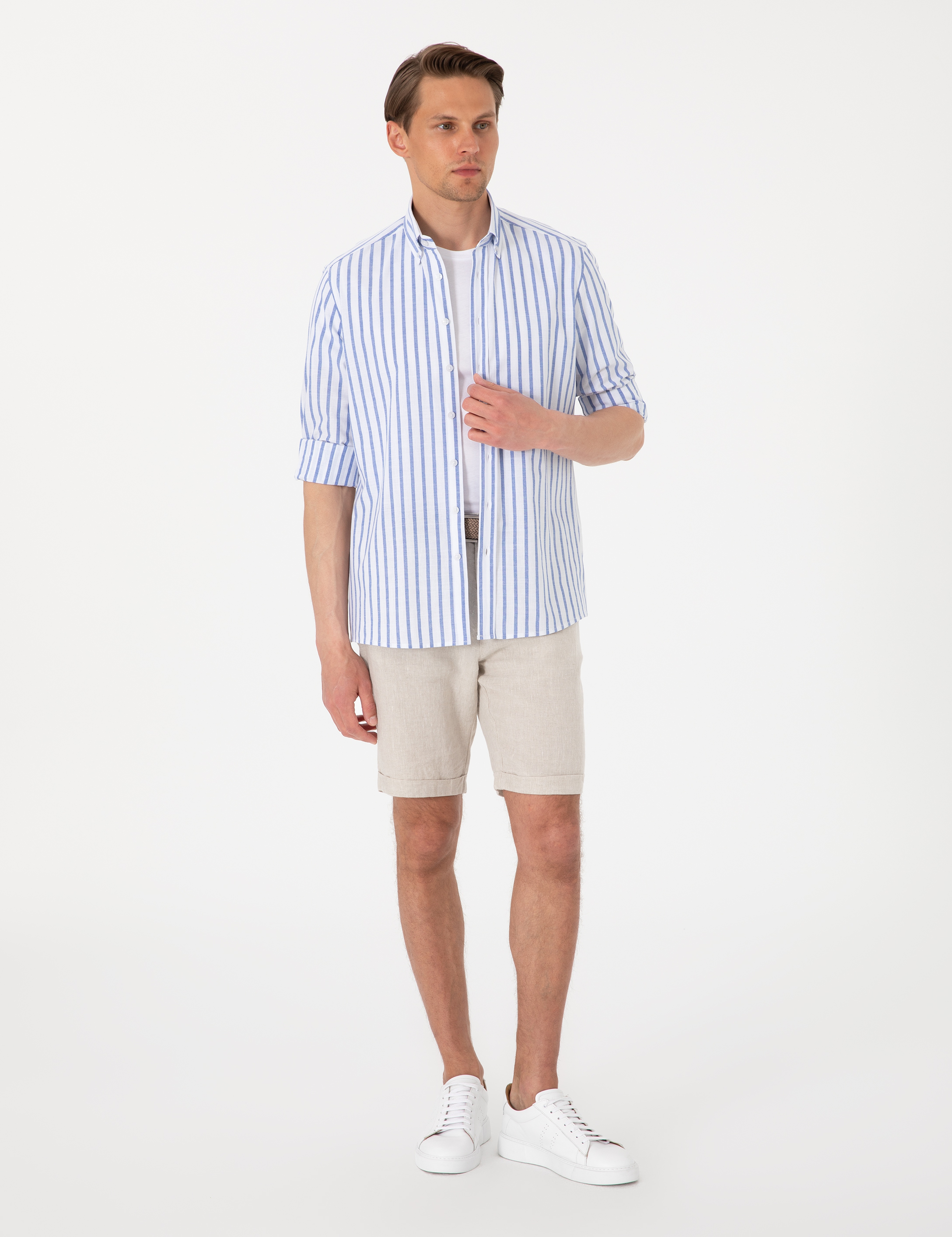 Lacivert Regular Fit Çizgili Uzun Kollu Gömlek - Image 4