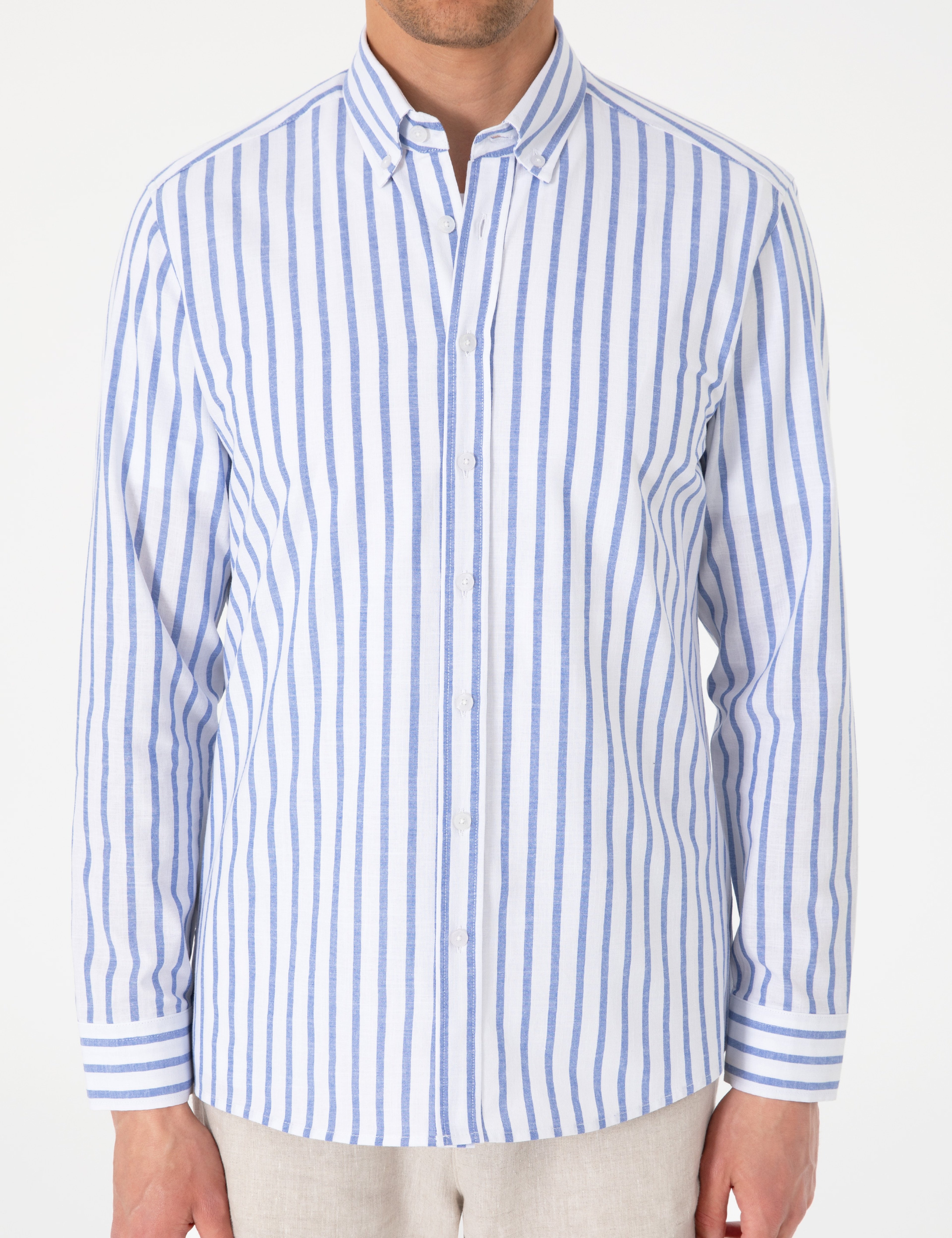 Lacivert Regular Fit Çizgili Uzun Kollu Gömlek - Image 6