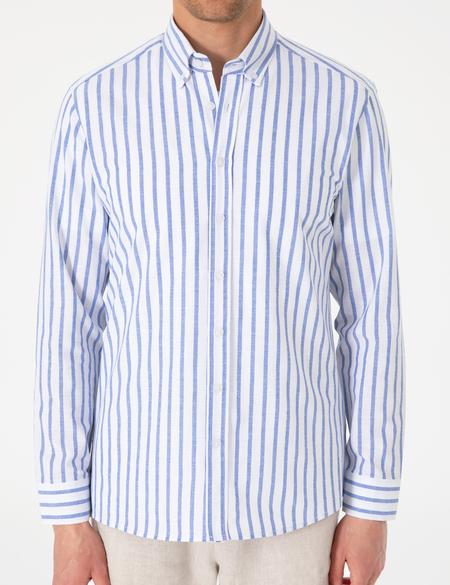 Lacivert Regular Fit Çizgili Uzun Kollu Gömlek - 50307093014