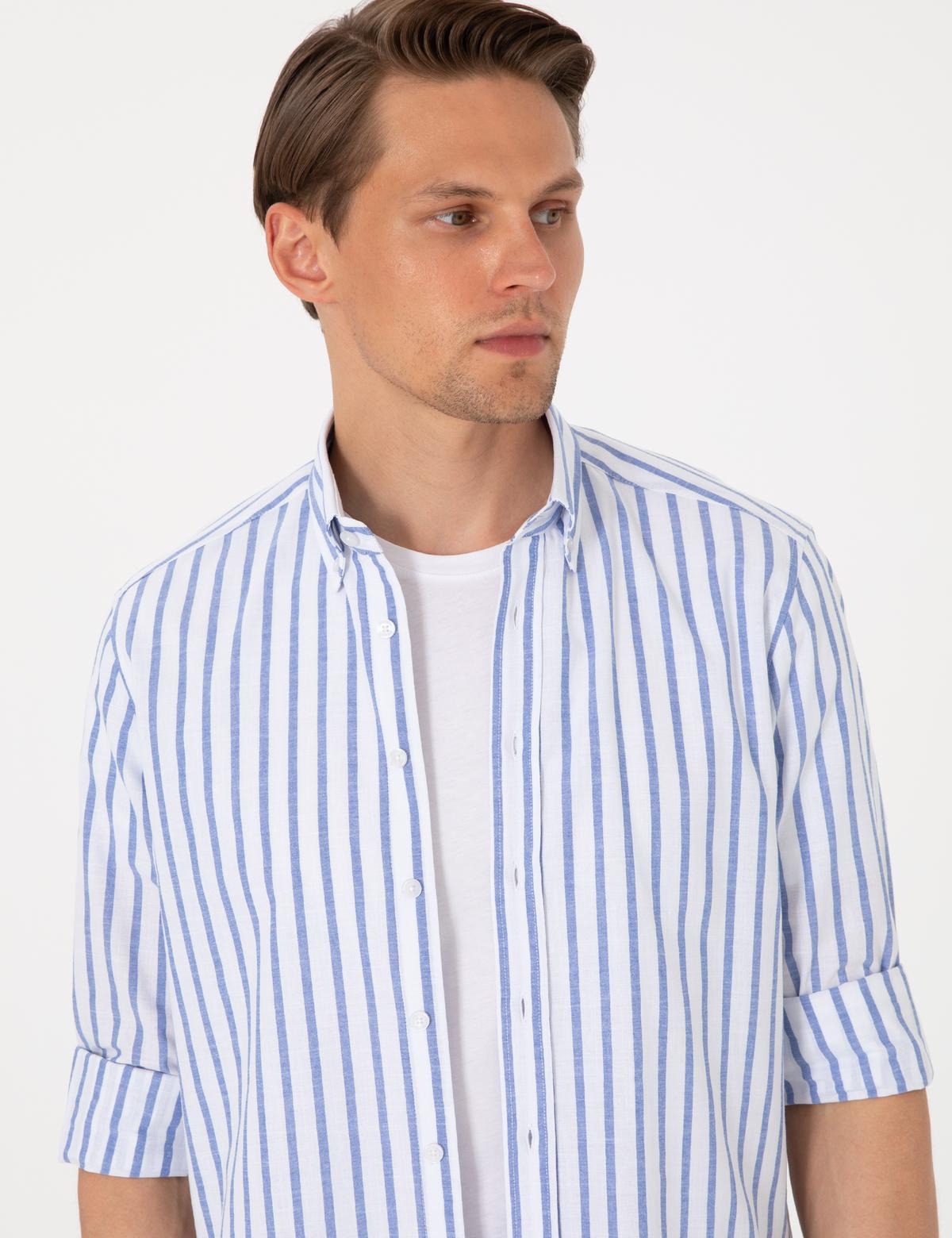 Lacivert Regular Fit Çizgili Uzun Kollu Gömlek - 50307093014