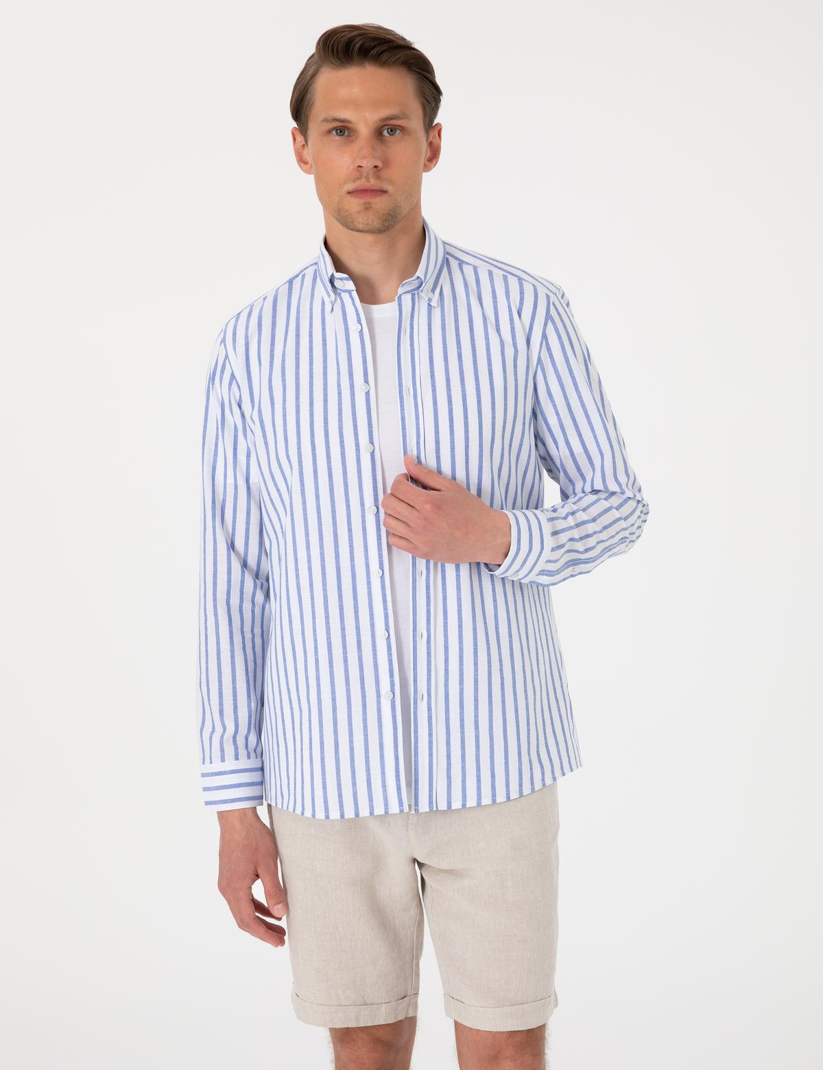 Lacivert Regular Fit Çizgili Uzun Kollu Gömlek - 50307093014