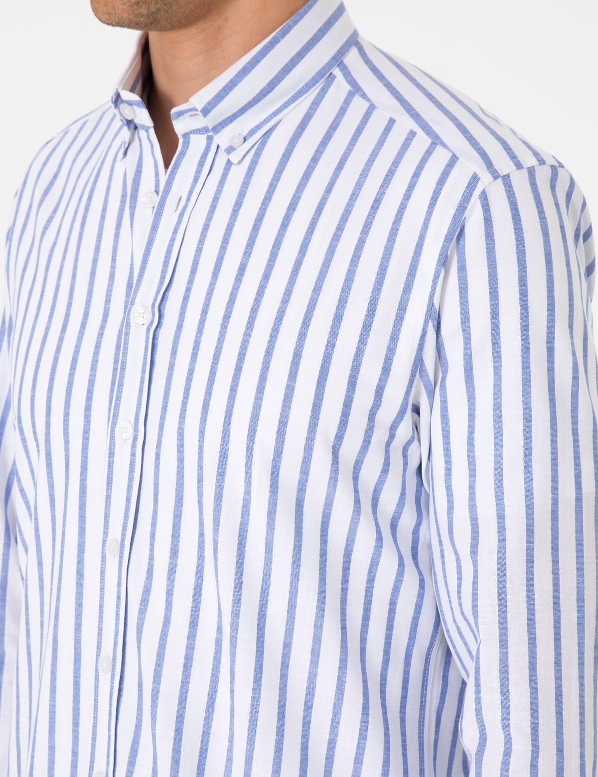 Lacivert Regular Fit Çizgili Uzun Kollu Gömlek - 50307093014