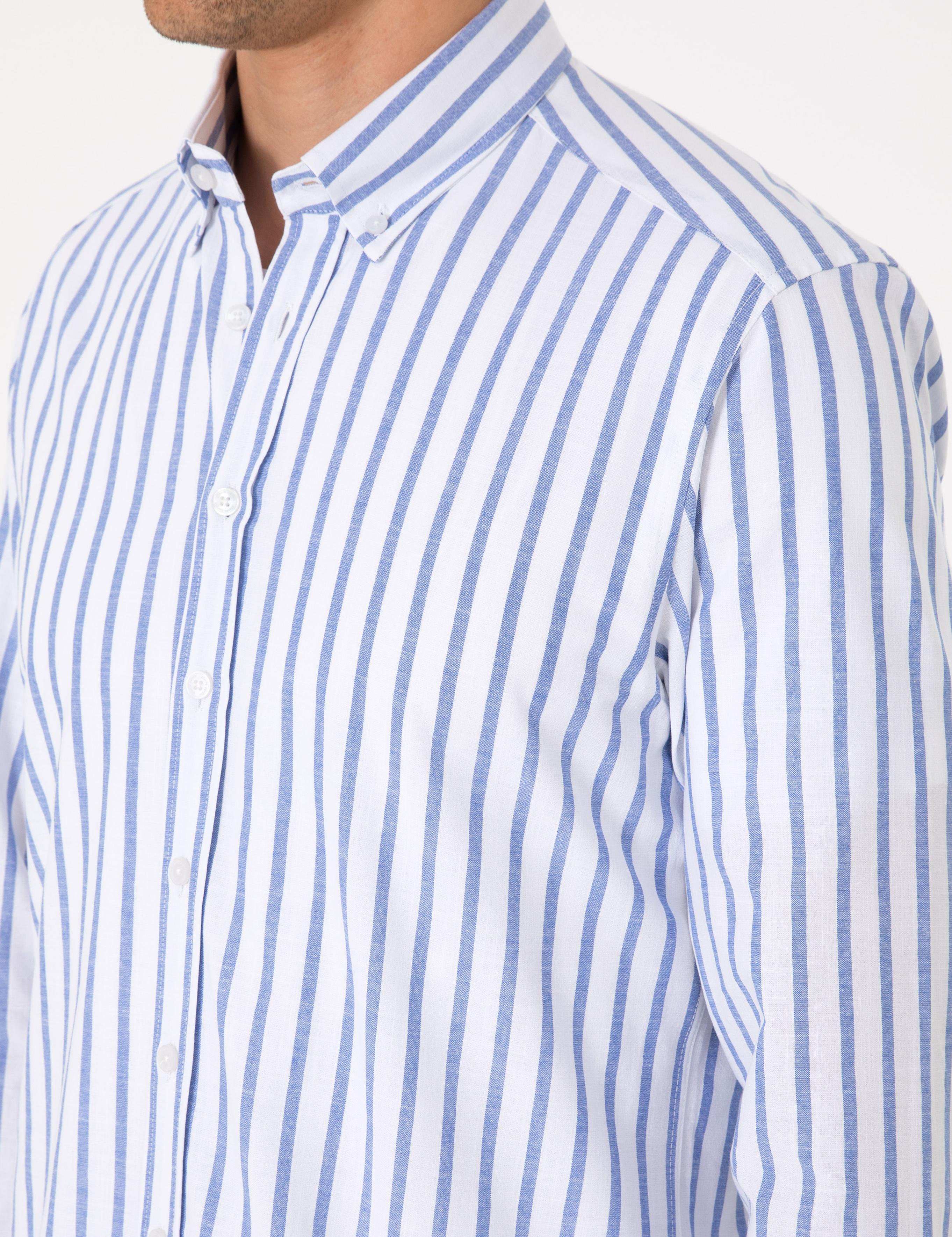Lacivert Regular Fit Çizgili Uzun Kollu Gömlek