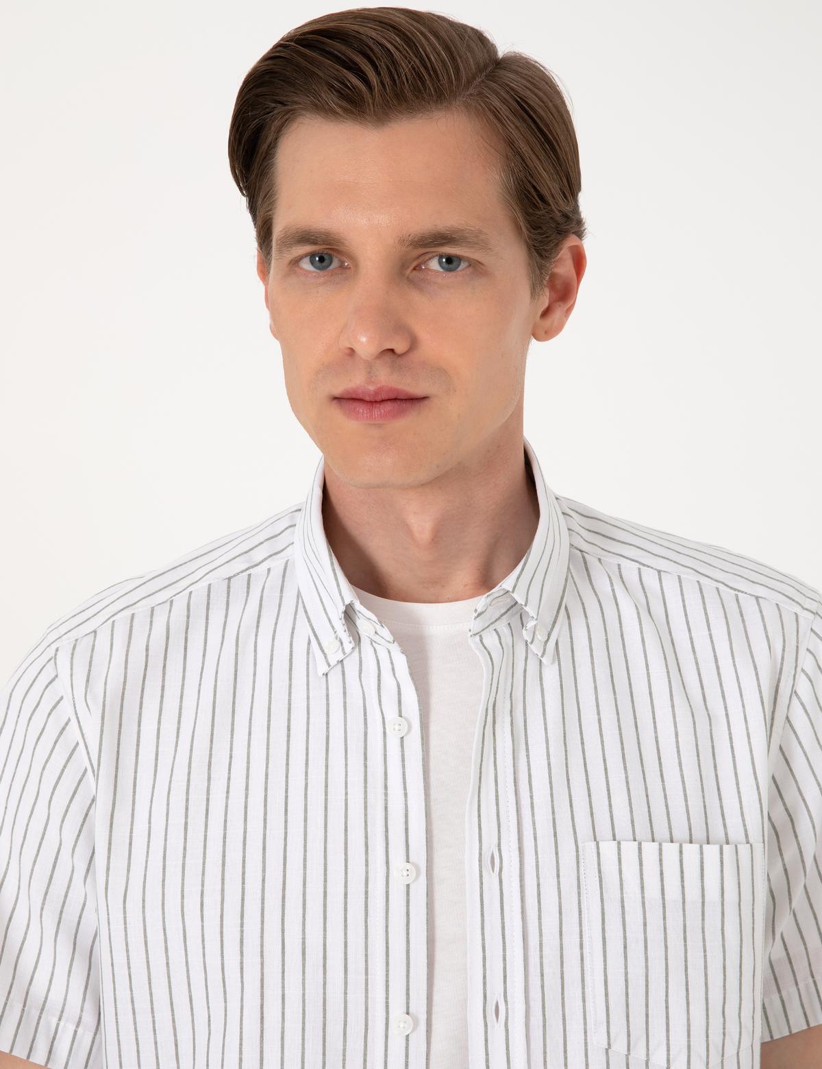 Haki Regular Fit Çizgili Kısa Kollu Gömlek - 50307082015