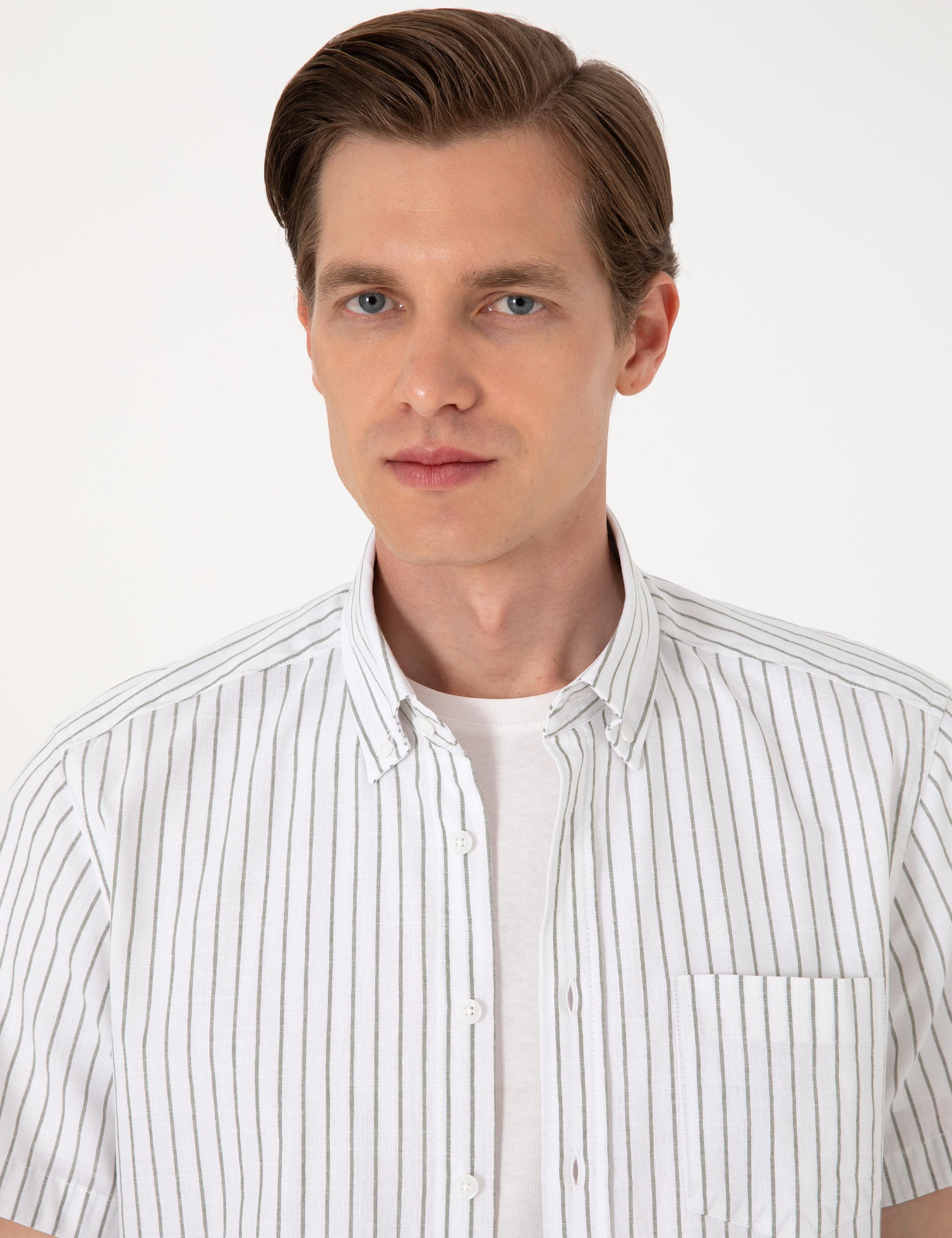 Haki Regular Fit Çizgili Kısa Kollu Gömlek