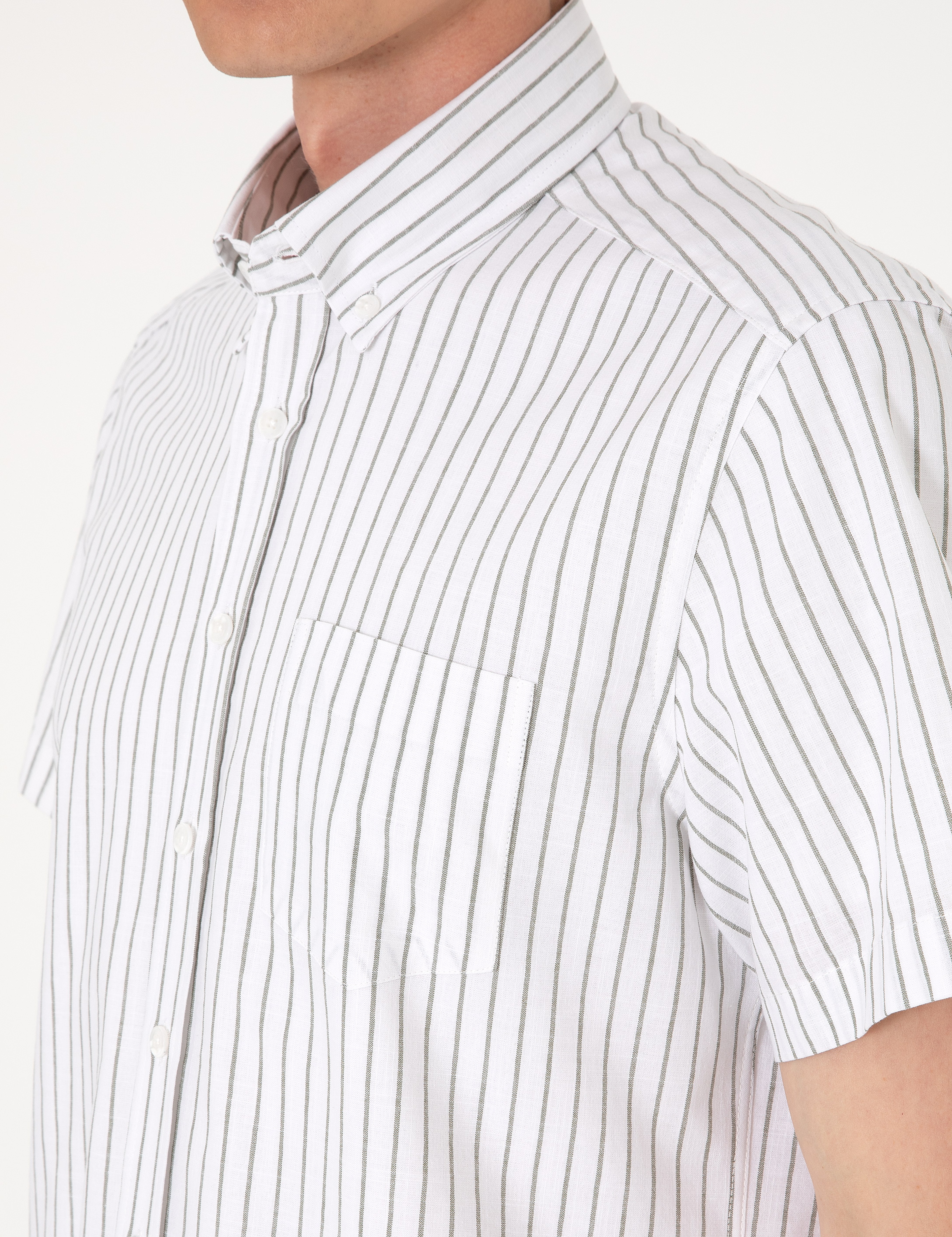 Haki Regular Fit Çizgili Kısa Kollu Gömlek - Image 7