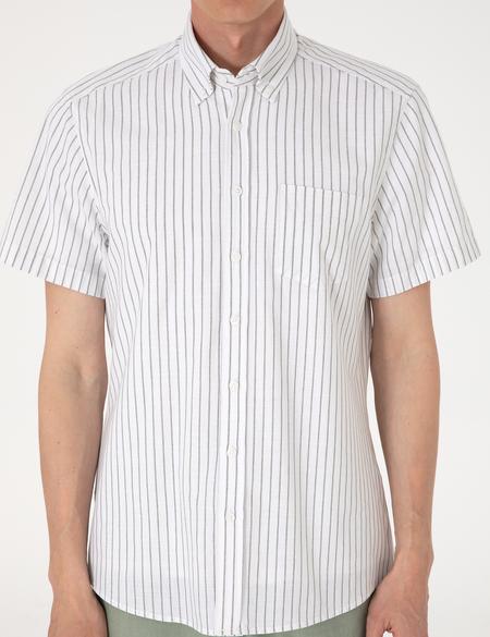 Haki Regular Fit Çizgili Kısa Kollu Gömlek - 50307082015