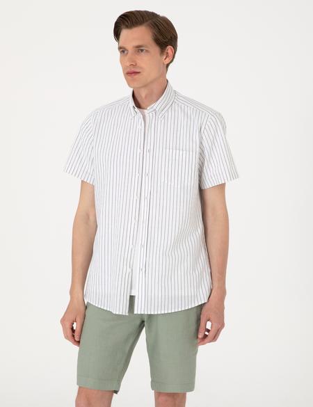 Haki Regular Fit Çizgili Kısa Kollu Gömlek - 50307082015