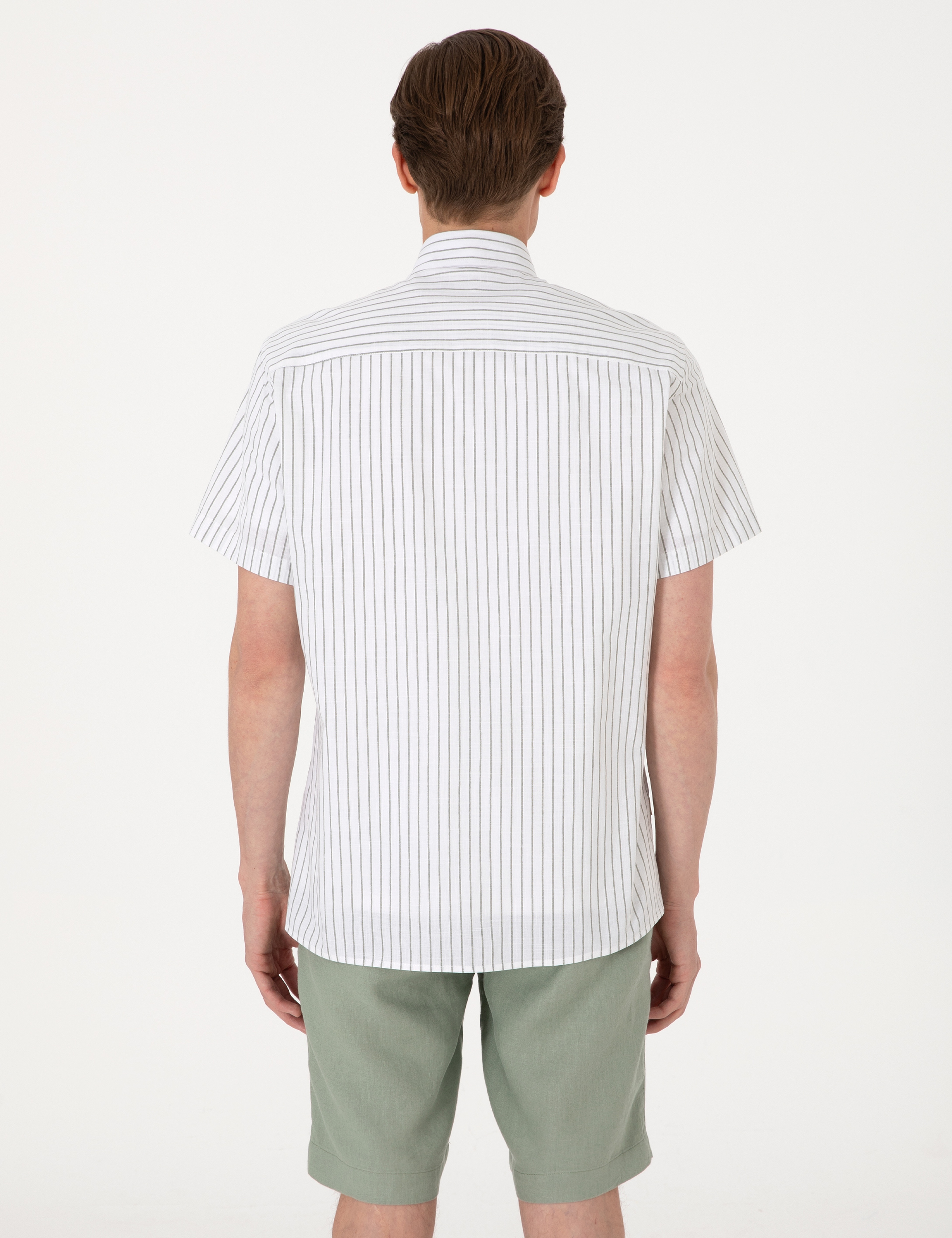 Haki Regular Fit Çizgili Kısa Kollu Gömlek - Image 5