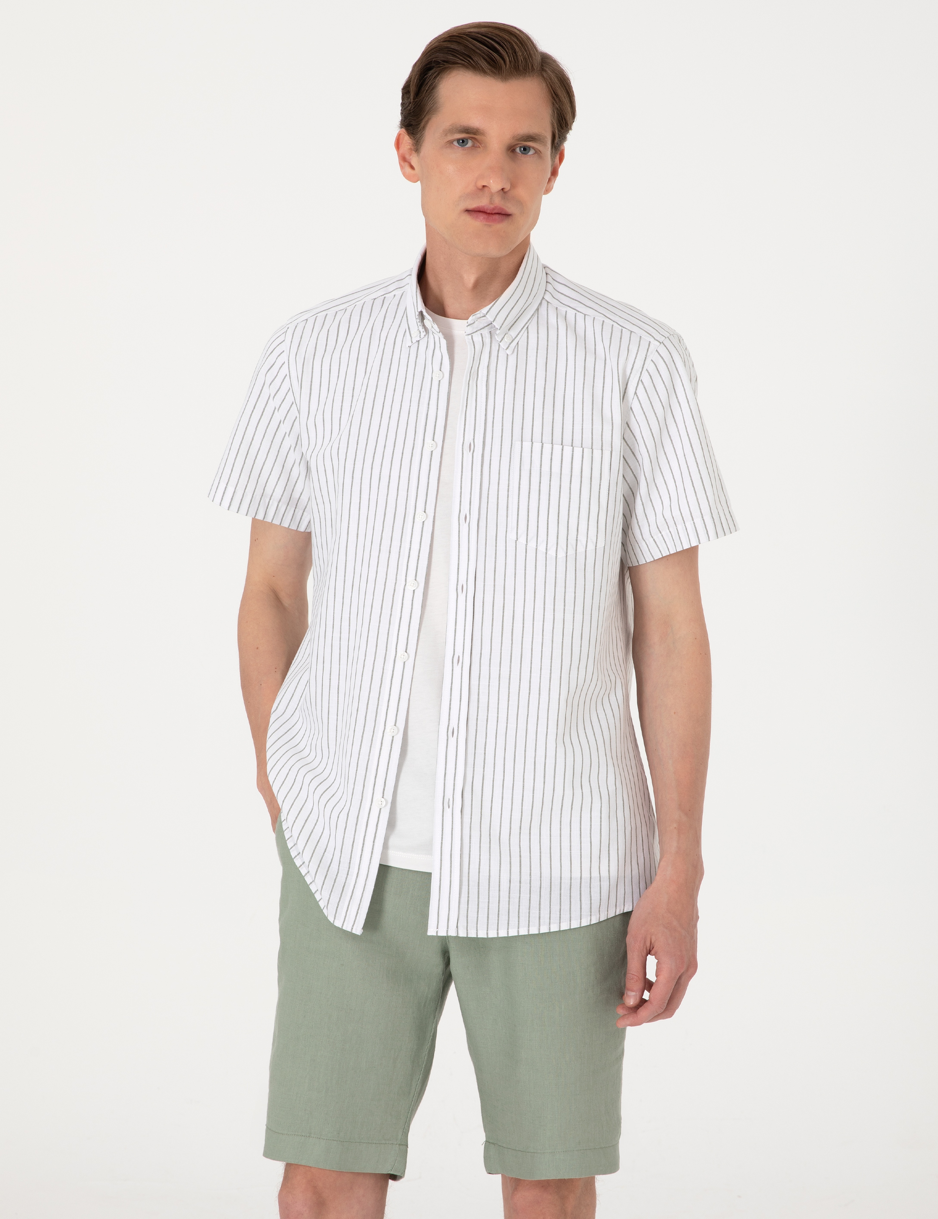 Haki Regular Fit Çizgili Kısa Kollu Gömlek - Image 1