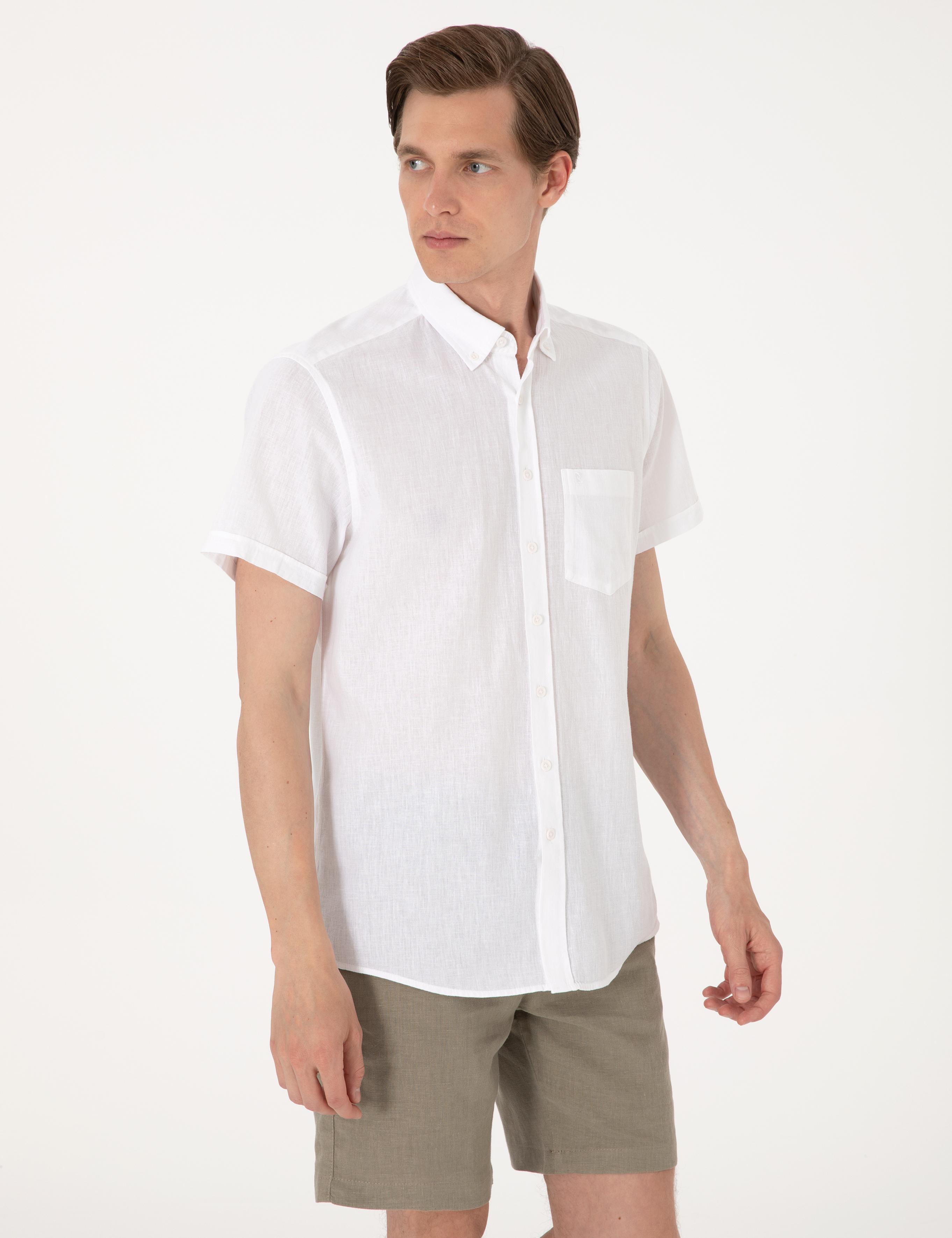 Beyaz Keten Karışımlı Regular Fit Kısa Kollu Gömlek