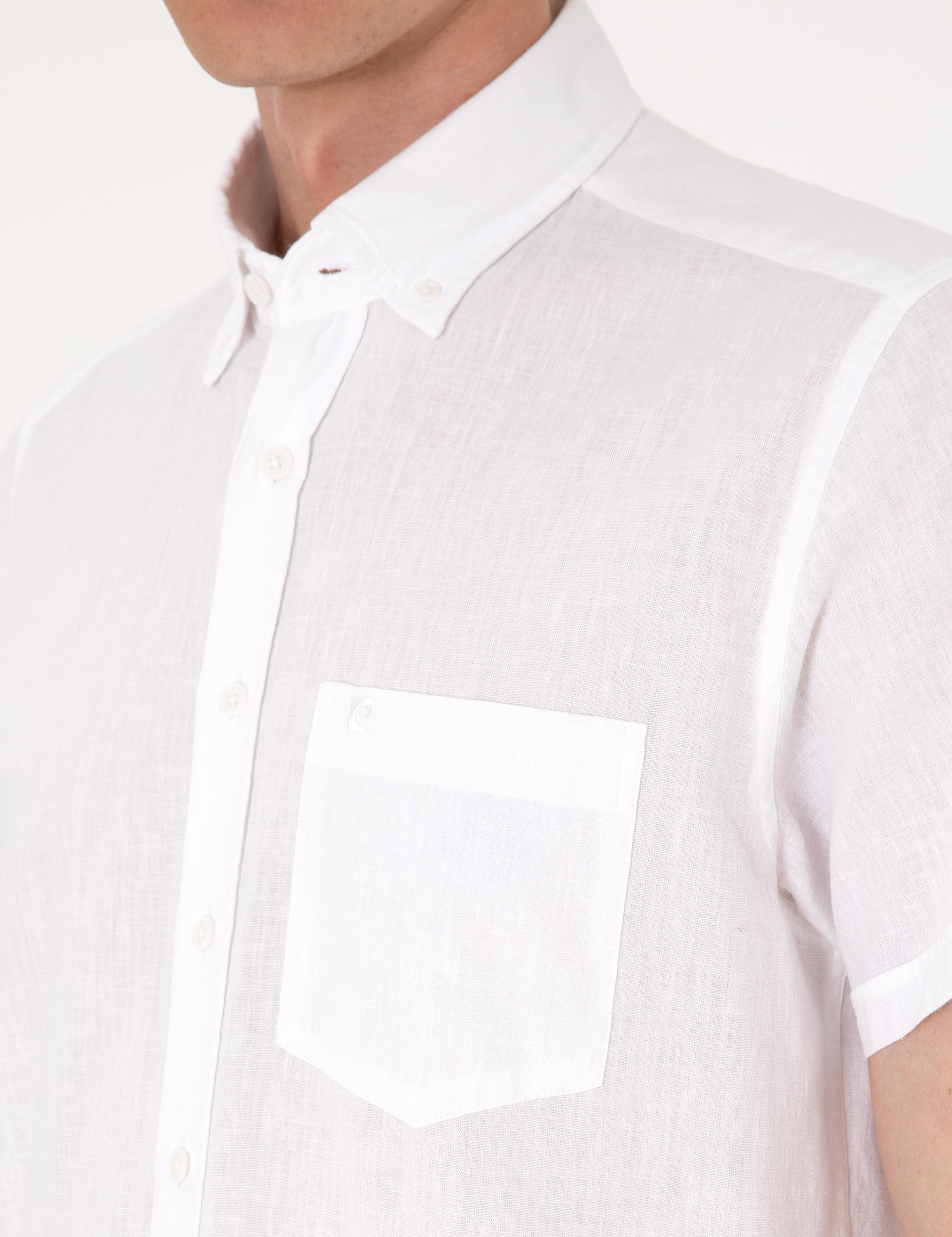 Beyaz Keten Karışımlı Regular Fit Kısa Kollu Gömlek