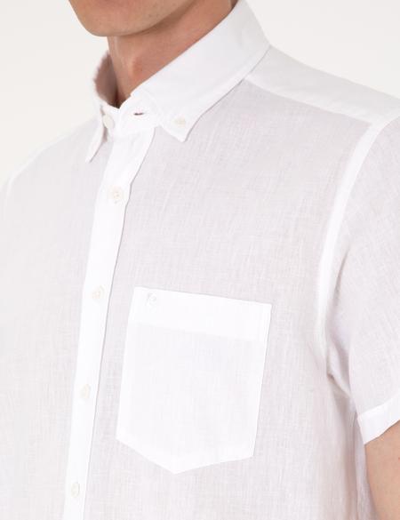 Beyaz Keten Karışımlı Regular Fit Kısa Kollu Gömlek - 50303287053